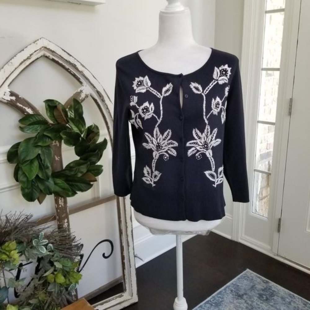 LOFT Vintage Navy Cardigan White Embroidery Long Sleeve Size Medium